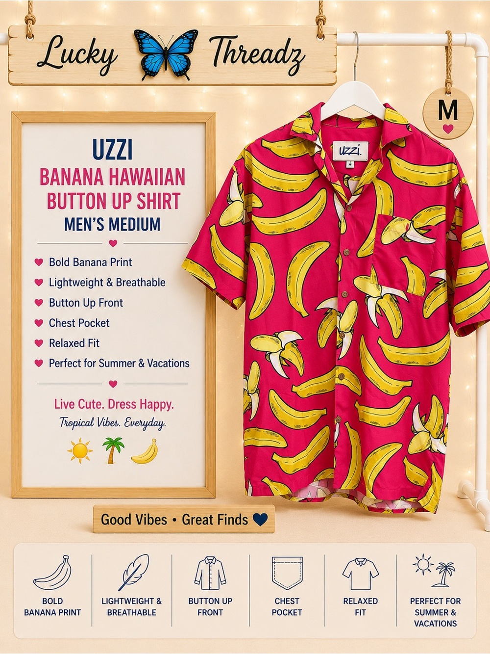 Uzzi Banana Hawaiian Shirt Men M Button Up